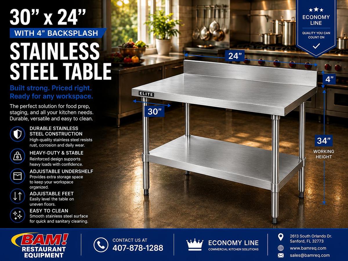30”x24” 4" Backsplash Stainless Steel Table