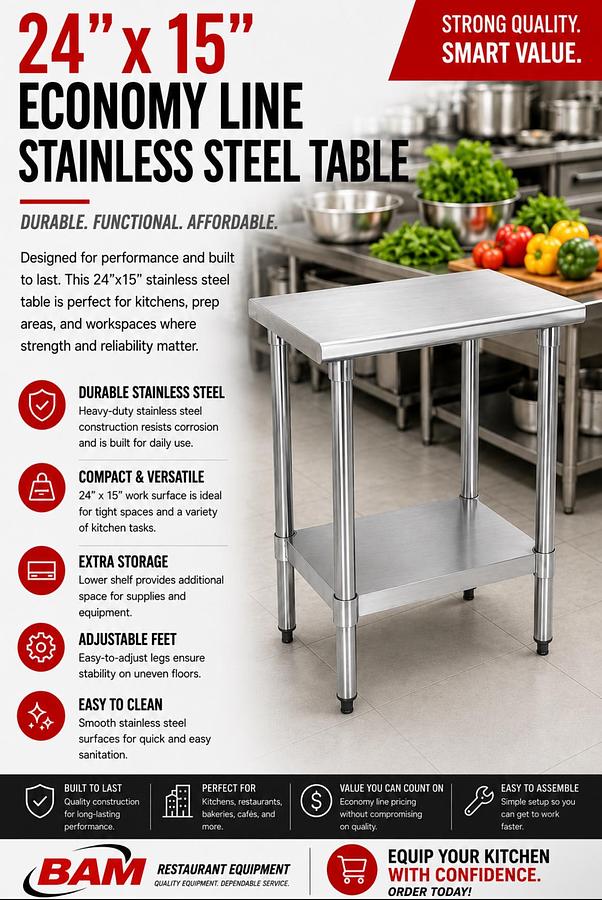 24"x15" Economy Line Stainless Steel Table