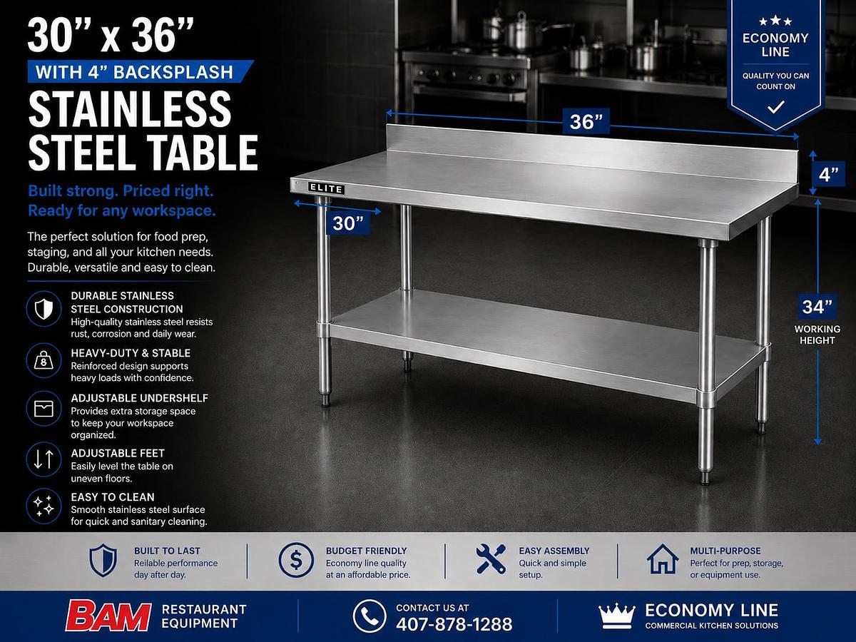 30x36" 4" Backsplash Stainless Steel Table