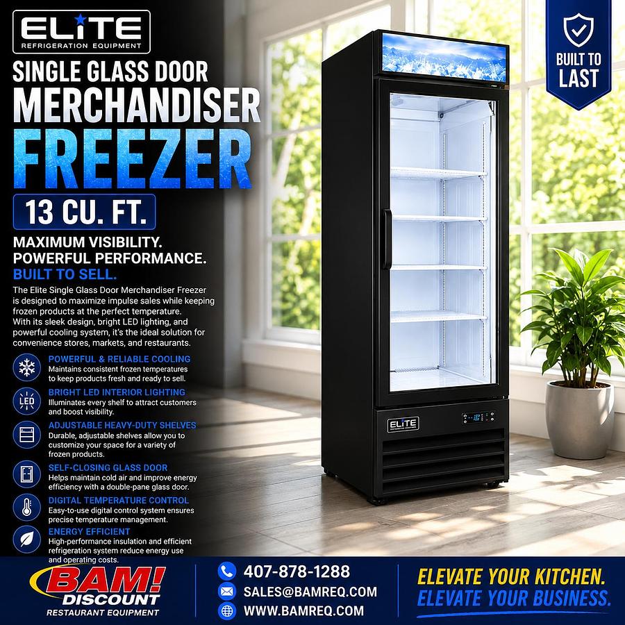 Elite 13 Cu. Ft. Commercial Glass Door Merchandiser Freezer – 1 Door