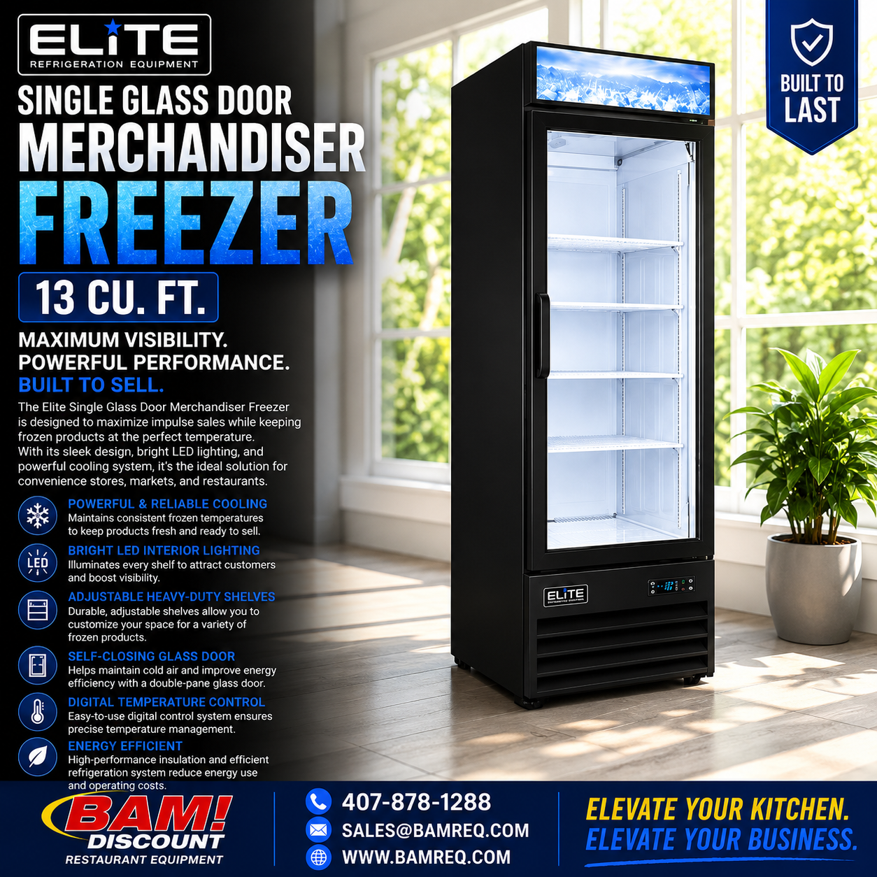 Elite 13 Cu. Ft. Commercial Glass Door Merchandiser Freezer – 1 Door