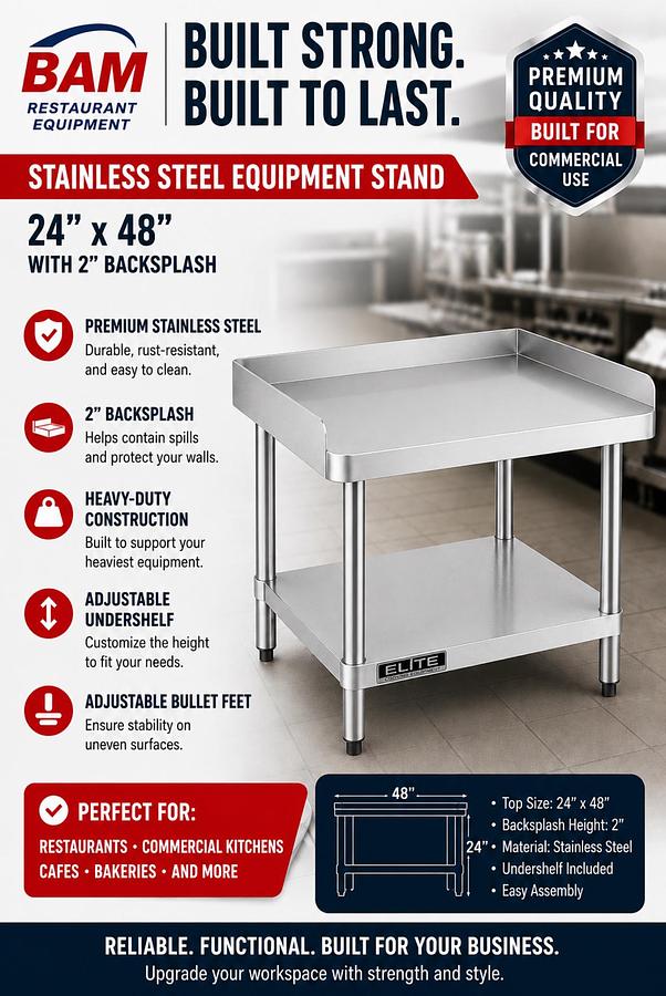 24'x 48' Stainless Steel Equipment Stand with Galvanized Undershelf 2" backsplash