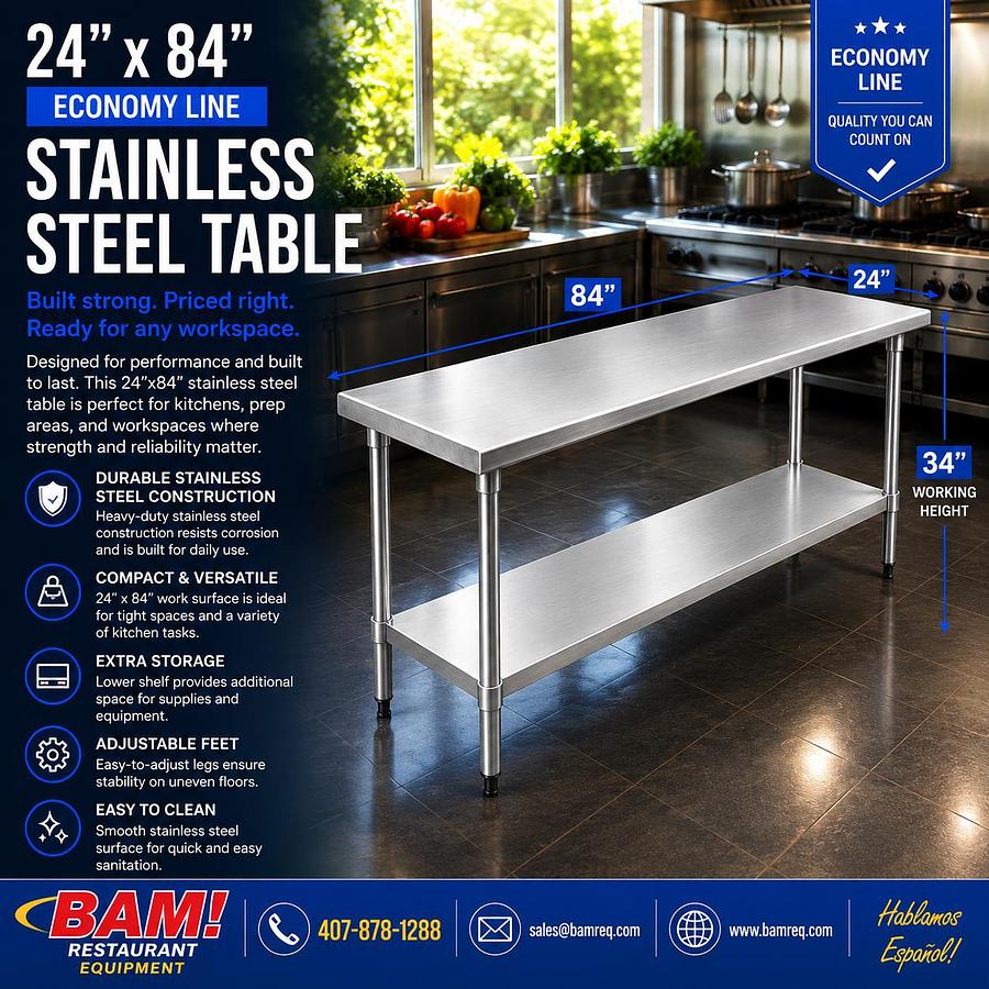 24"x84" Economy Line Stainless Steel Table