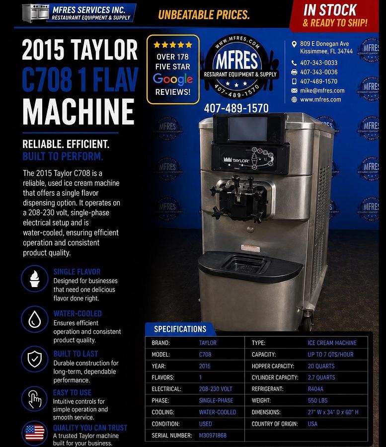 Refurbished 2015 Taylor C708 1 Flav Machine 208-230v 1 Phase Water Cooled VERY NICE SHAPE!