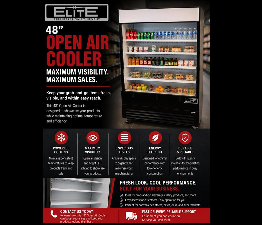 Elite 48" Vertical Open Air Cooler w/ (5) Levels, Black, 208-230v