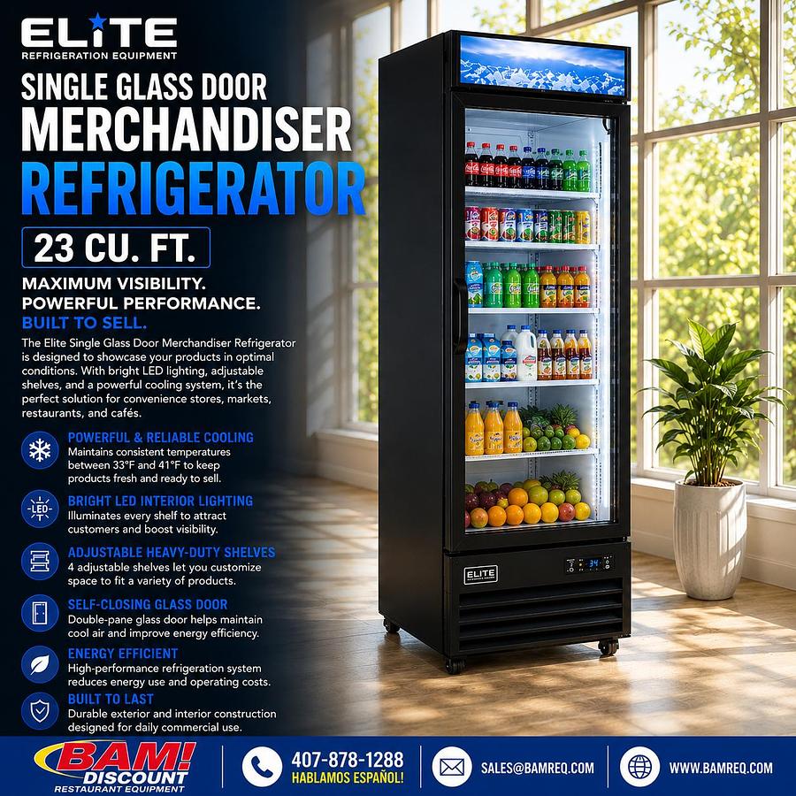 Elite Single Glass Door Merchandiser Refrigerator 23 CF