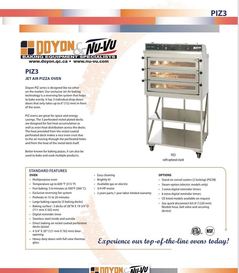 Doyon PIZ3G Gas 3-Deck Pizza Oven - Jet Air Convection With Stand. BEAUTIFUL!