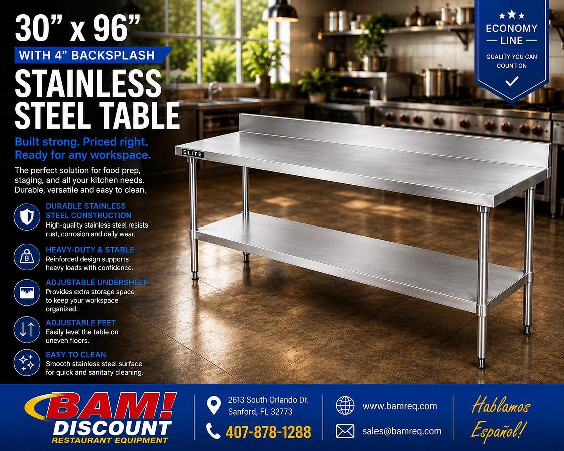 30”X96”4" Backsplash Stainless Steel Table