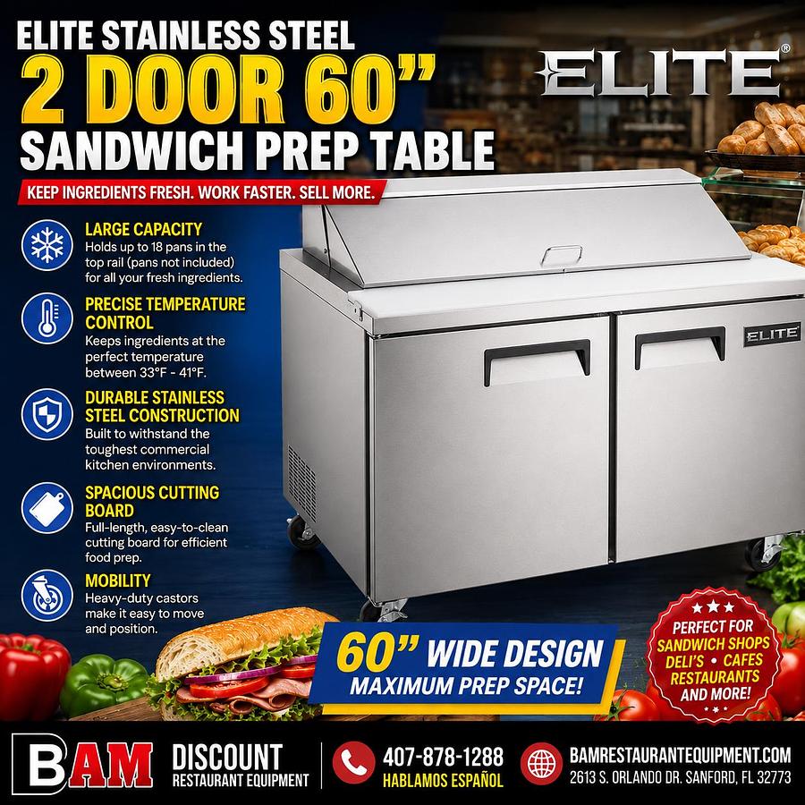 Elite Stainless Steel 2 Door 60" Sandwich Prep Table on Castors