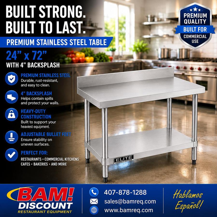 24”x72” 4" Backsplash Stainless Steel Table