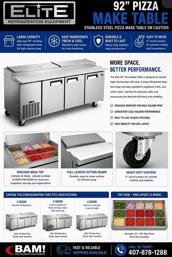 Elite Stainless Steel 92" Pizza Make Table on Castors