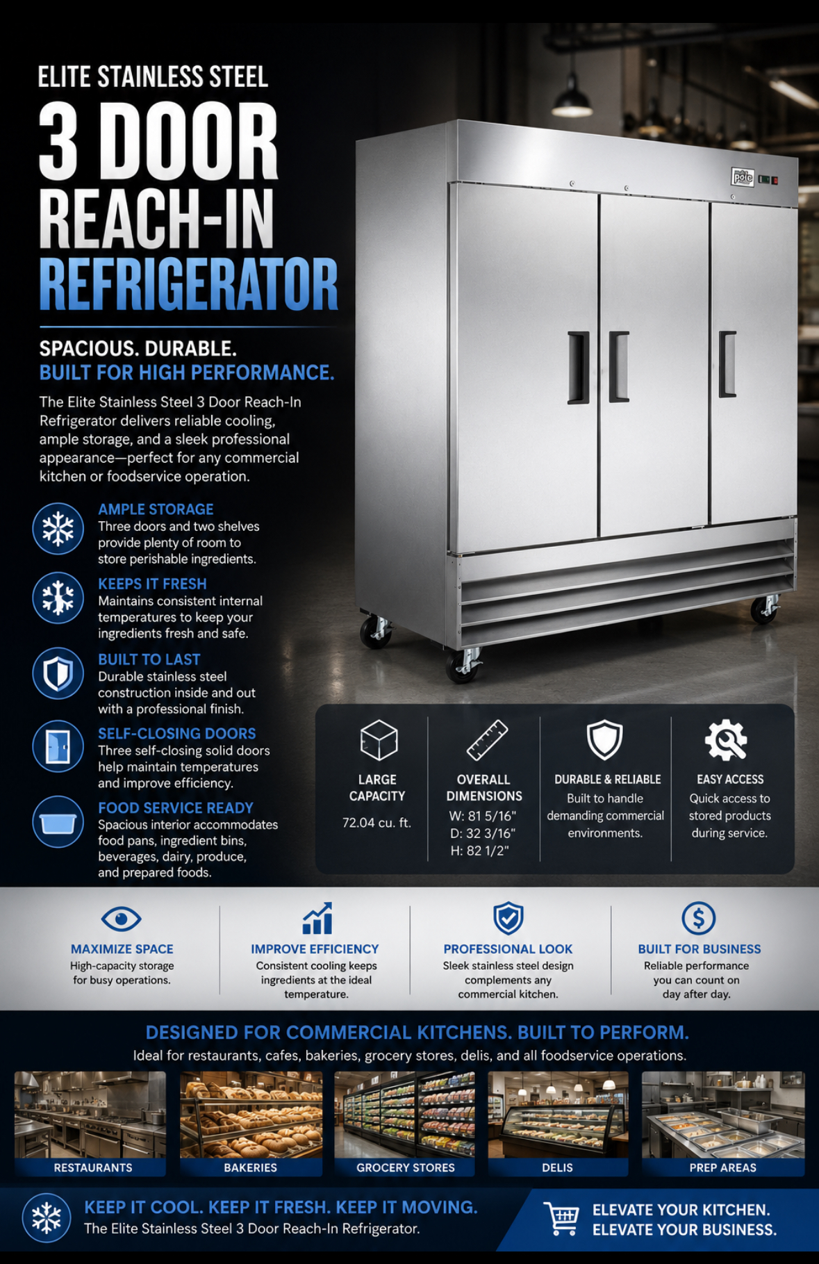 Elite Stainless Steel Solid Three Door Reach-In Refrigerator