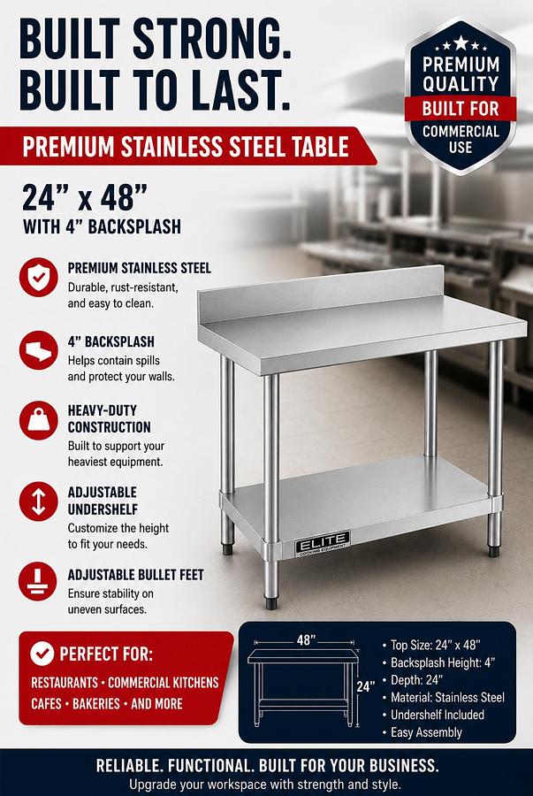 24"x 48" Premium All Stainless Steel Table