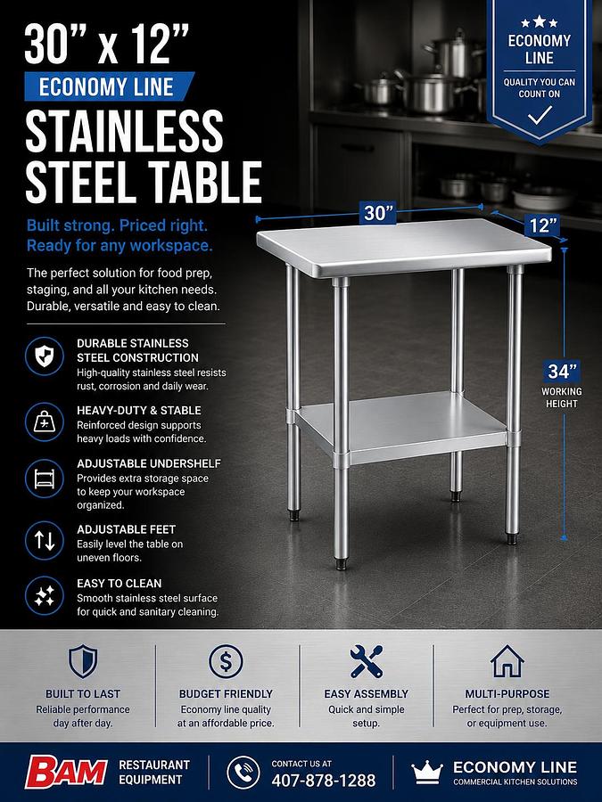 30"x12" Economy Line Stainless Steel Table