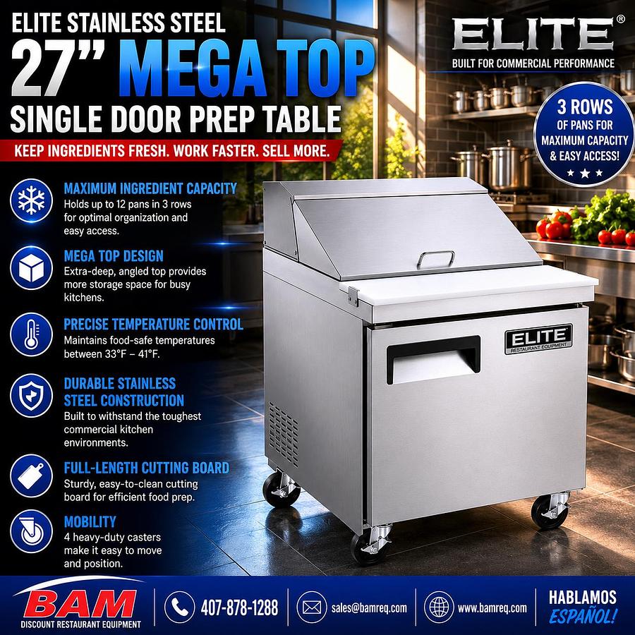Elite Stainless Steel Single Door 27" Mega Top Sandwich Prep Table on Castors