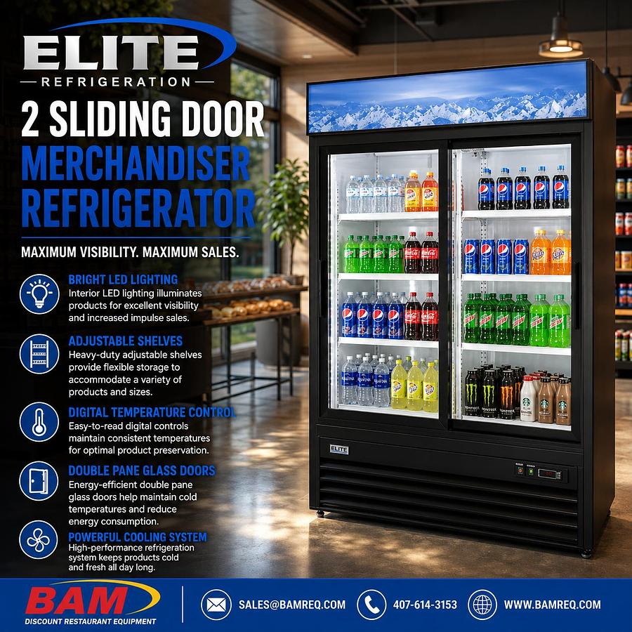 Elite Black Sliding Glass Door Merchandiser Refrigerator with LED Lighting
