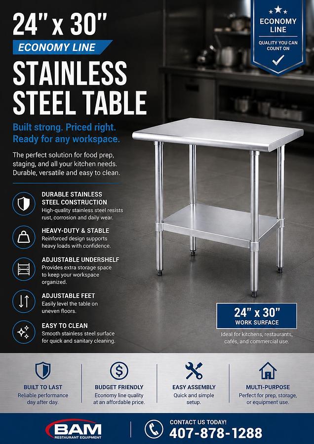 24"x30" Economy Line Stainless Steel Table