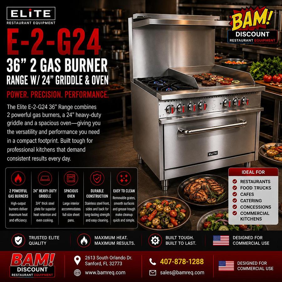 ELITE E-2-G24 36" 2 Gas Burner Range w/ 24in Griddle & Oven
