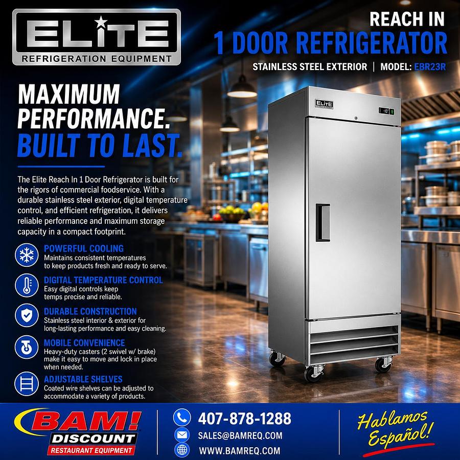 Elite Stainless Steel Reach In 1 Door Refrigerator