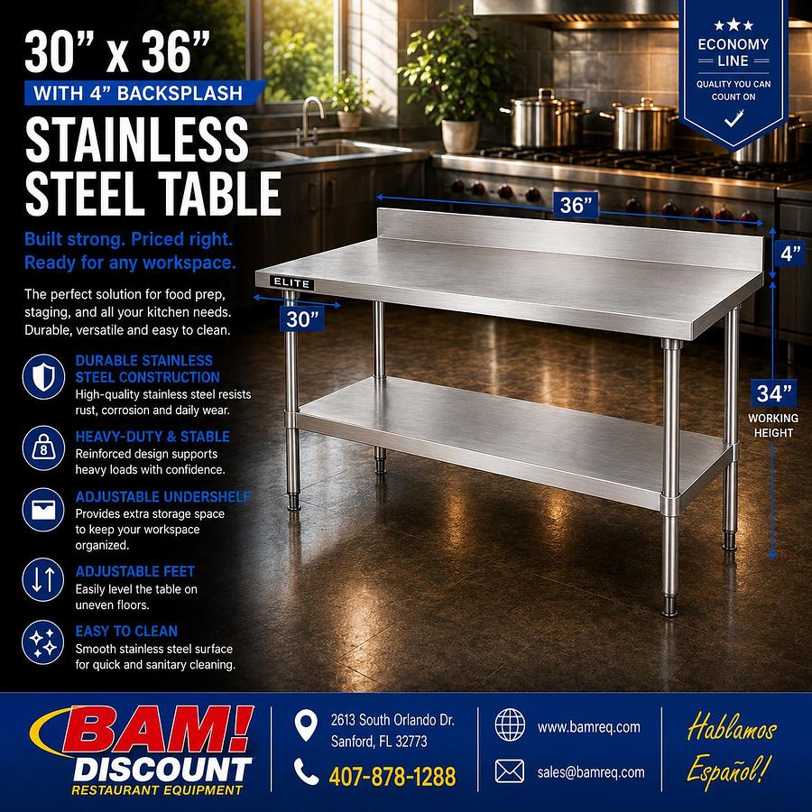 30x36" 4" Backsplash Stainless Steel Table