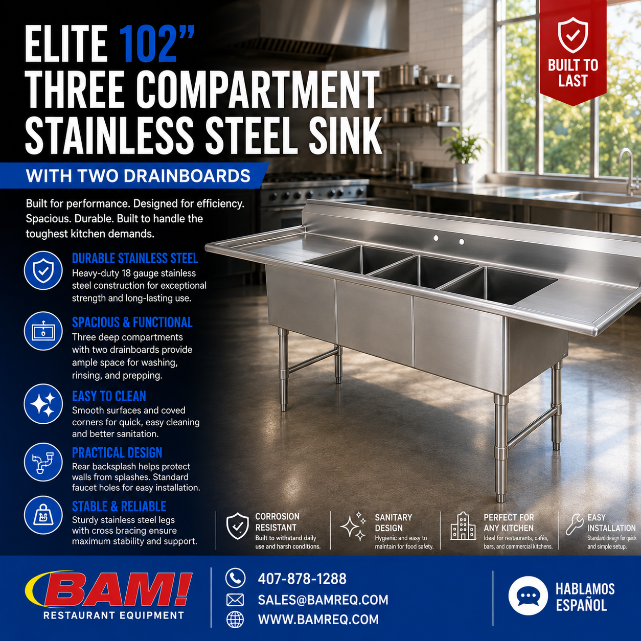 Elite 102” Three Compartment Stainless Steel Sink With Two Drainboards