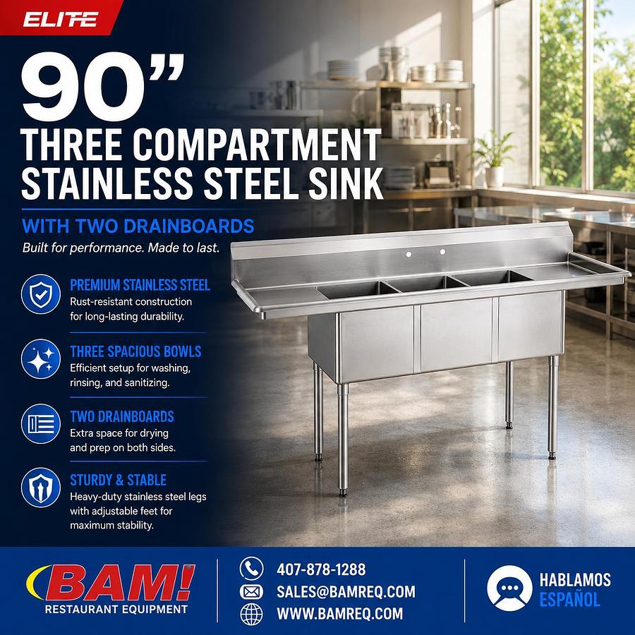 Elite 90” Three Compartment Stainless Steel Sink With Two Drainboards