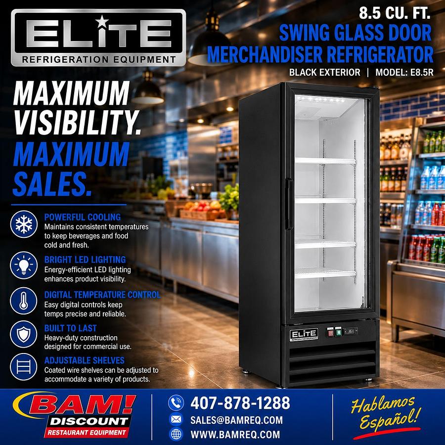 Elite 8.5Cu.Ft Black Customizable Swing Glass Door Merchandiser Refrigerator with LED Lighting