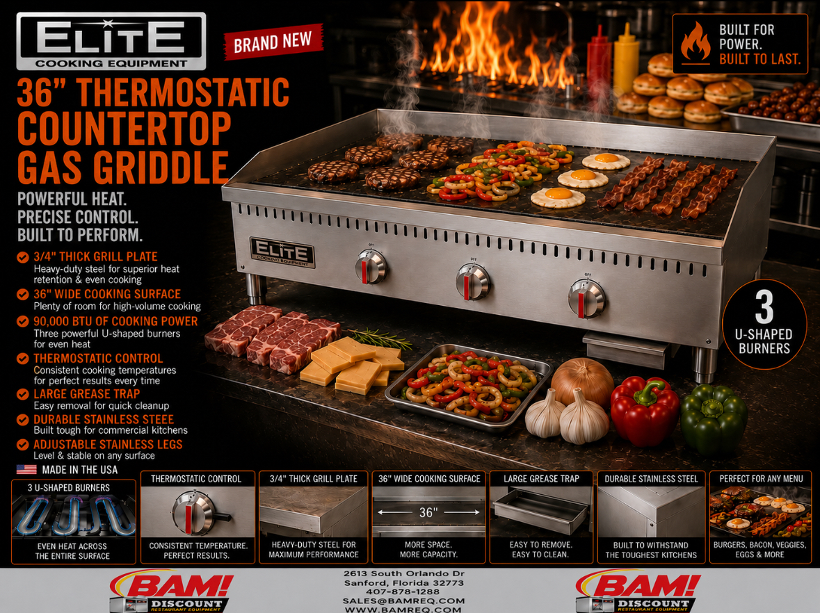 ELITE ETFG-36 Thermostatic Countertop Gas Griddle, " | 90,000 BTU