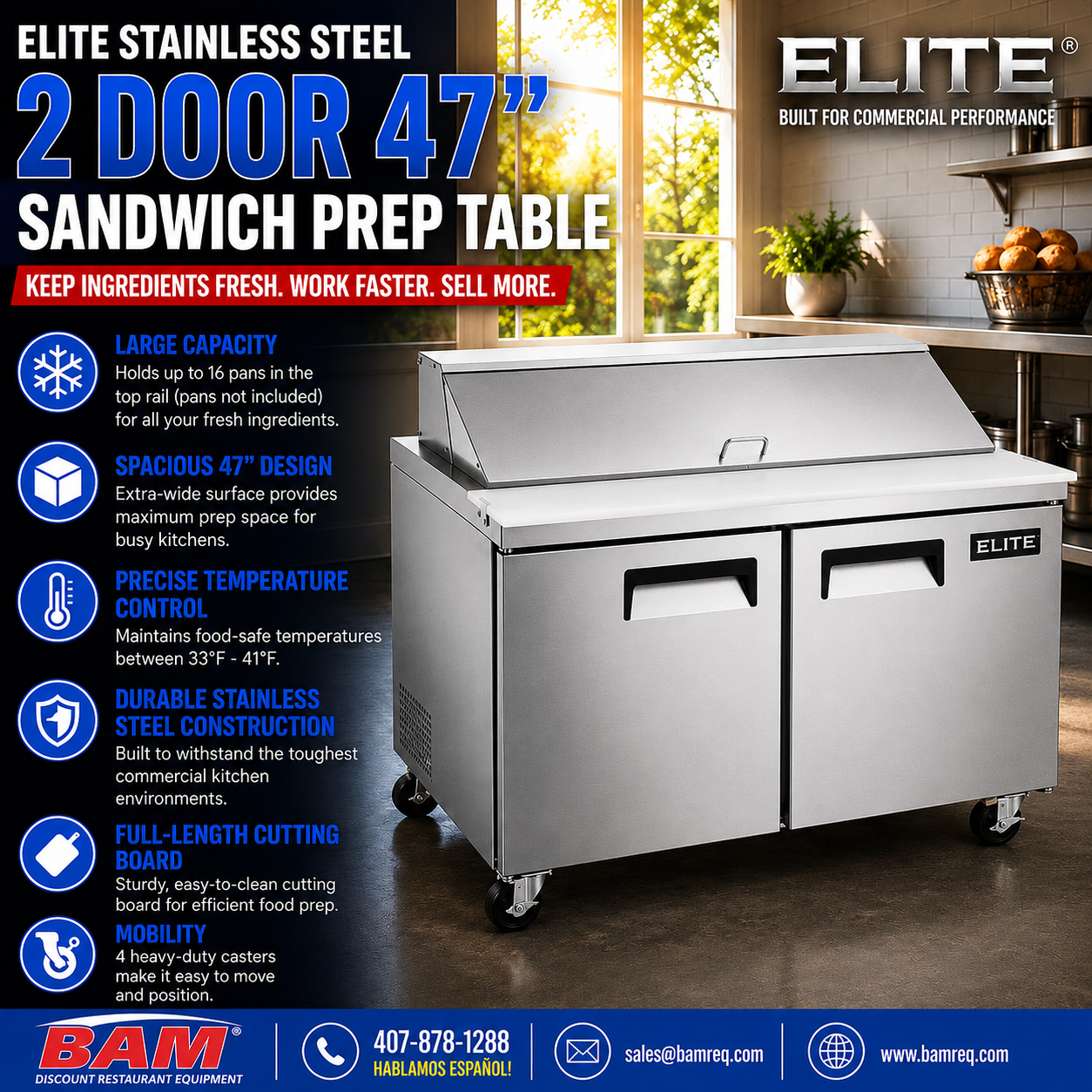 Elite Stainless Steel 2 Door 47" Sandwich Prep Table on Castors