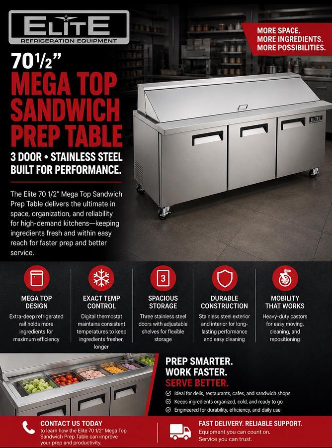 Elite Stainless Steel 3 Door Sandwich Prep Table on Castors