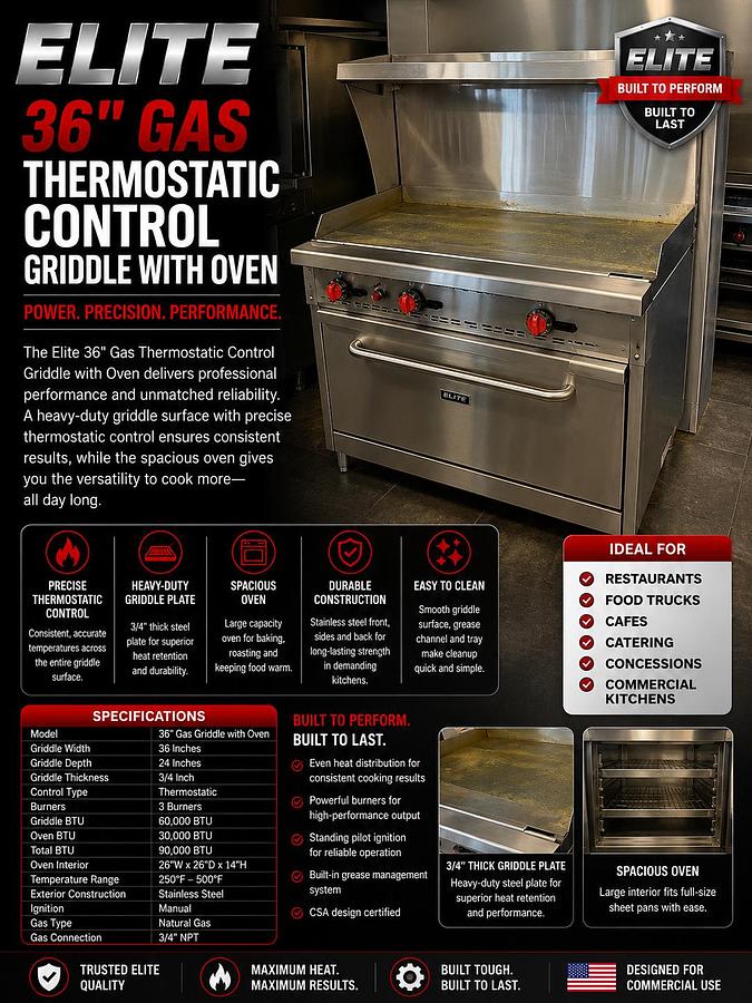 ELITE 36" Gas Thermostatic Control Griddle with Oven