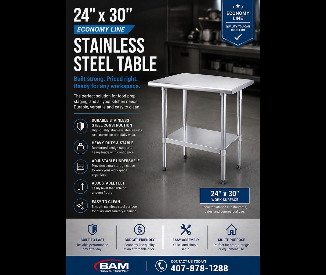 24"x30" Economy Line Stainless Steel Table