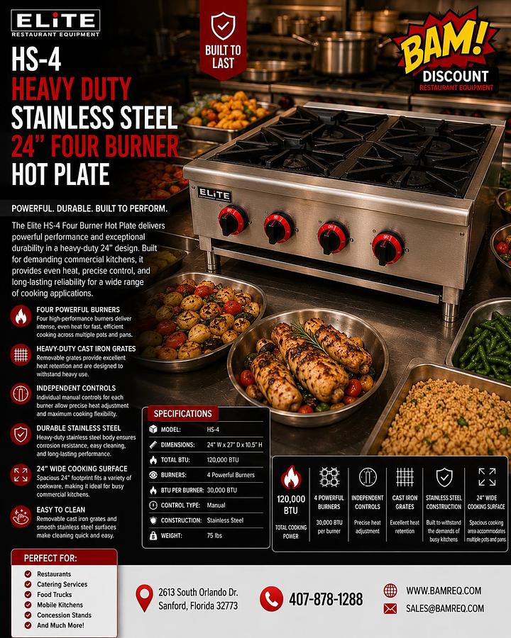 ELITE HS-4 Heavy Duty Stainless Steel 24" Four Burner Hot Plate