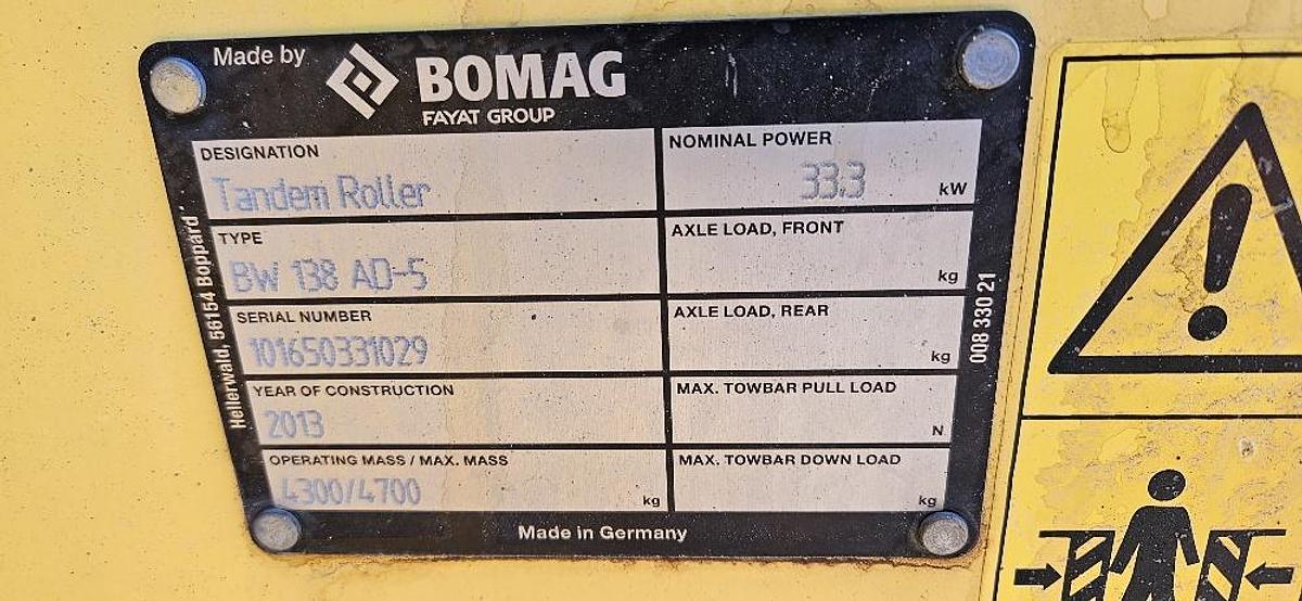 Used 2013 Bomag BW138 Dubble Drum Roller Compactor