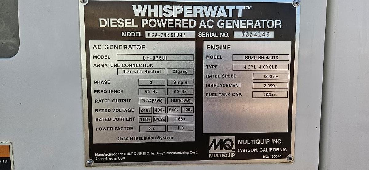 Used 2017 Whisper Whatt DH-07501 Generator