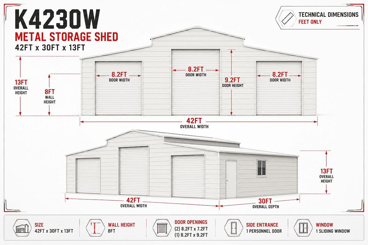 42'x30' Metal Storage Shed—Cream