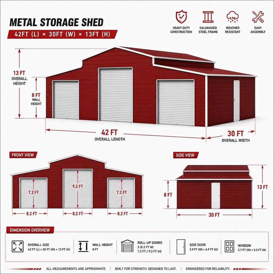 42'x30' Metal Storage Shed—Red-Brown