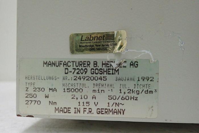 Used Labnet Hermle Z 230 MA MicroCentrifuge Centrifuge with 24-Position Rotor