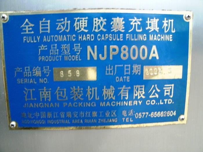 Used Filler, Capsule, Auto, Jiangnan, Mdl NJP-800A, 6 HP #S741075