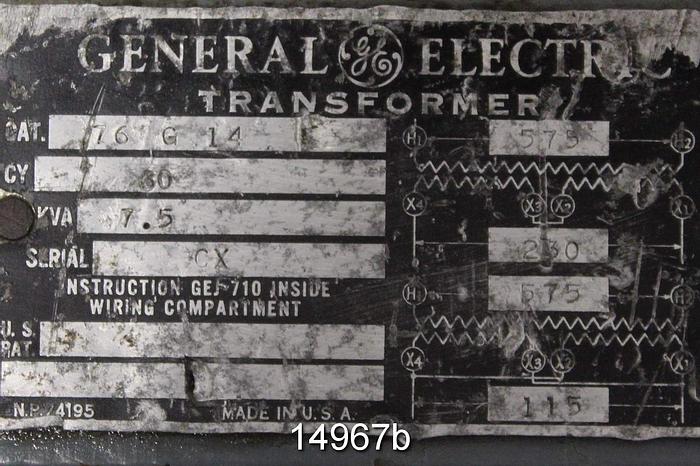 Used General Electric 76G14 Transformer, 7.5Kva #14967