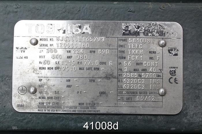 Used Toshiba 300 HP A/C Motor, 300 Hp, 890 Rpm, 460 Volts #41008