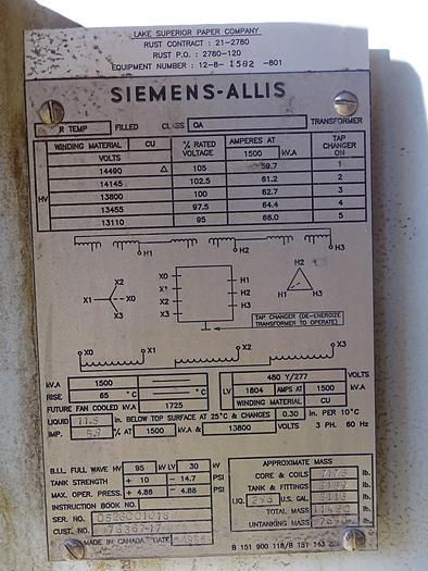 Used 1,500 KVA 13,000V SIEMENS-ALLIS SUBSTATION 480Y/277 VOLTS CU WINDING