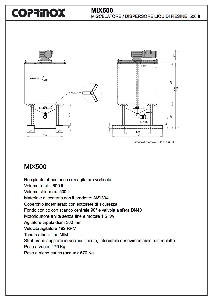 Miscelatore liquidi COPRINOX in acciaio inox da 600 Litri totali