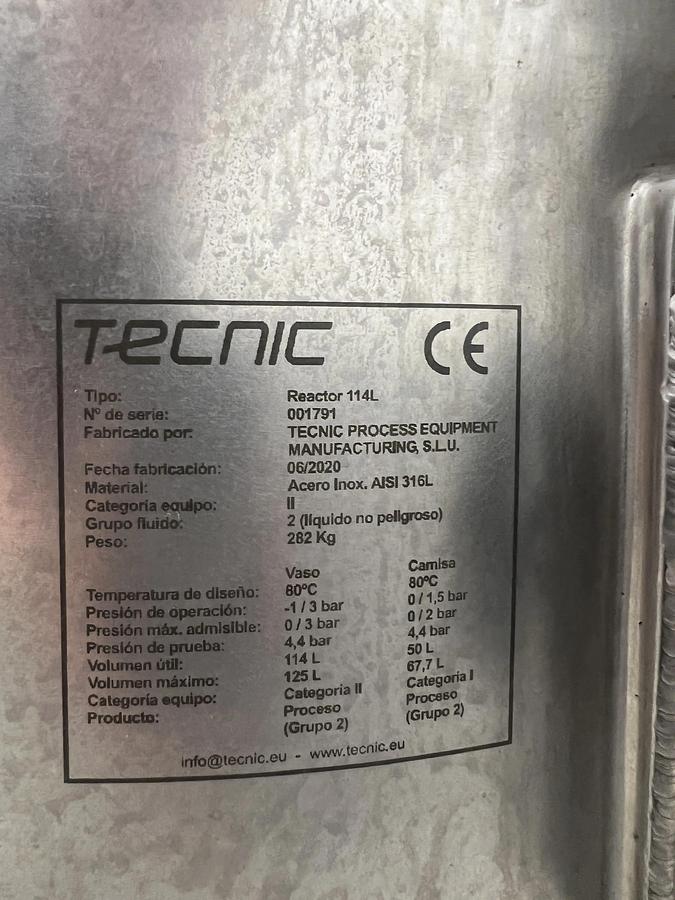 Usado C REACTOR TECNIC ACERO INOXIDABLE 316L 125 LITROS CON CAMISA Y AGITACION