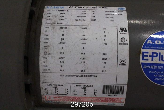 Used A.O.Smith 7-850226-01-0J 3 Hp-1760Rpm AC Motor E-plus Series #29720