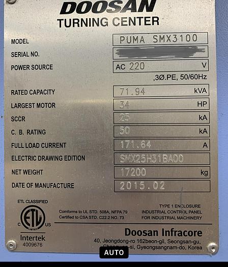 Used 2015 DOOSAN Puma SMX 3100S 7-Axis CNC Turning and Milling Center