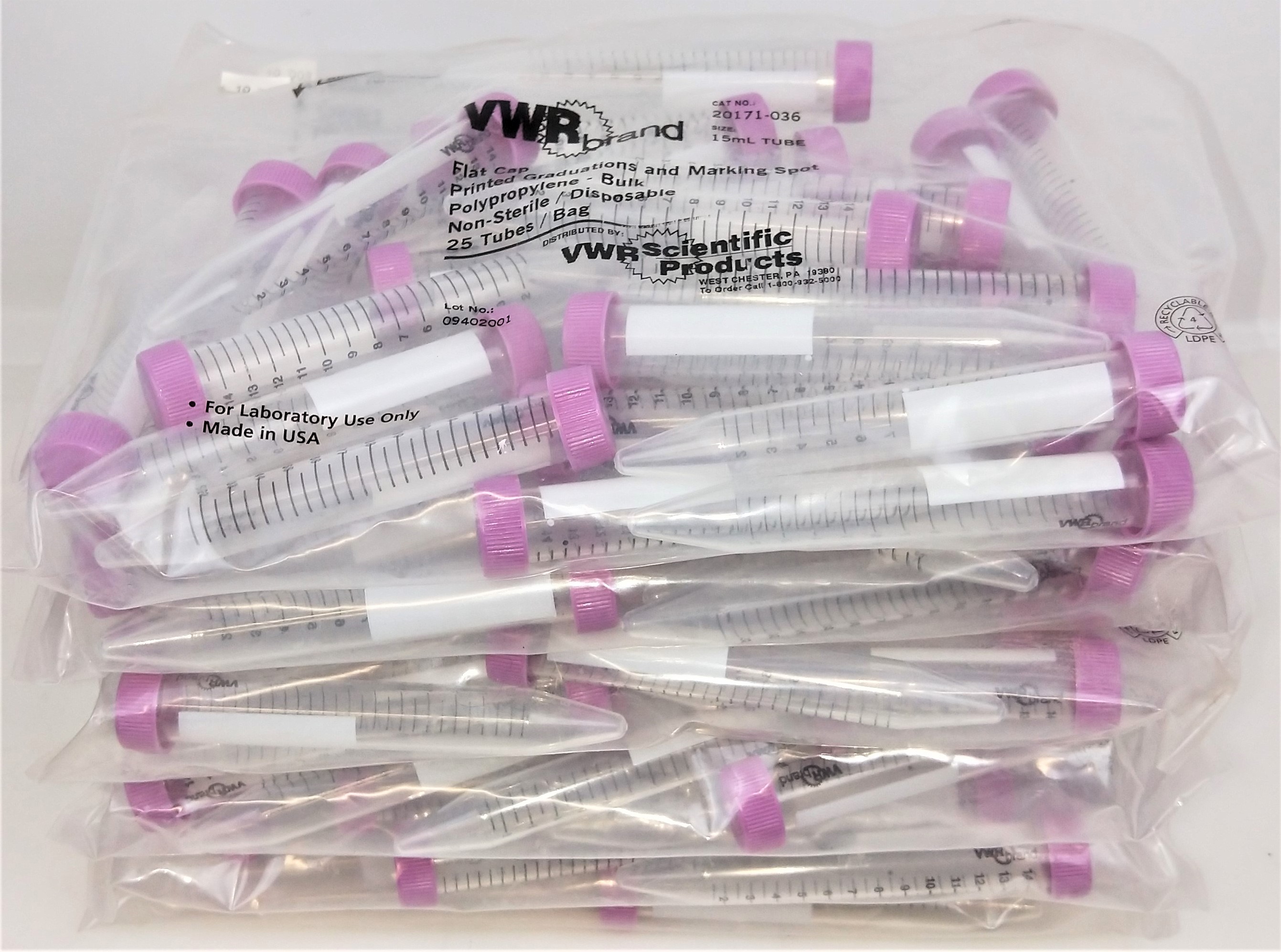 New Open Box VWR 20171-036 Conical Falcon Centrifuge Tubes - 15mL (Pack of 25)