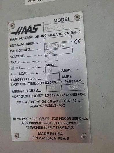 Used 2018 HAAS VF-9/50 4-Axis Vertical Machining Center