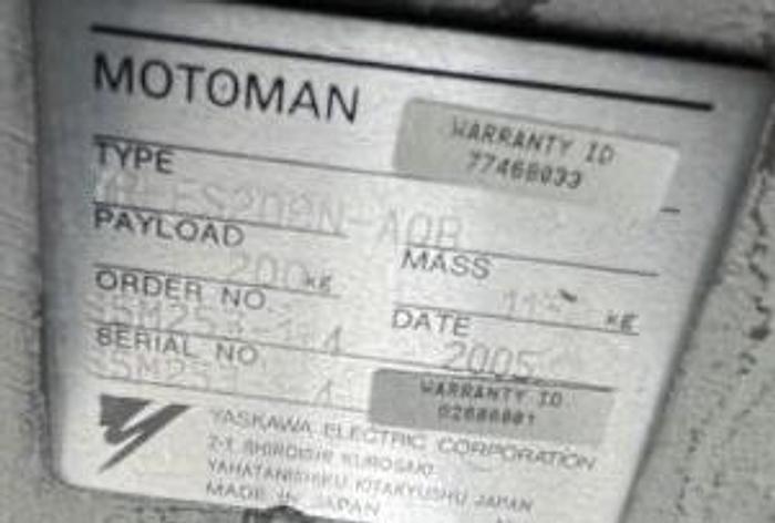 Used 2006 YASKAWA MOTOMAN ES200N 6 AXIS ROBOT 200KG X 2651MM WITH NX100 CONTOLLER