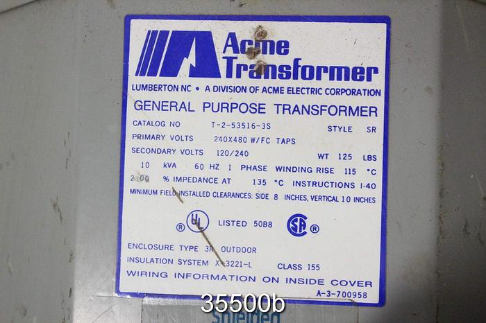 Used Acme Transformer T-2-53516-3S 10 Kva, 240x480 Primary Volts #35500